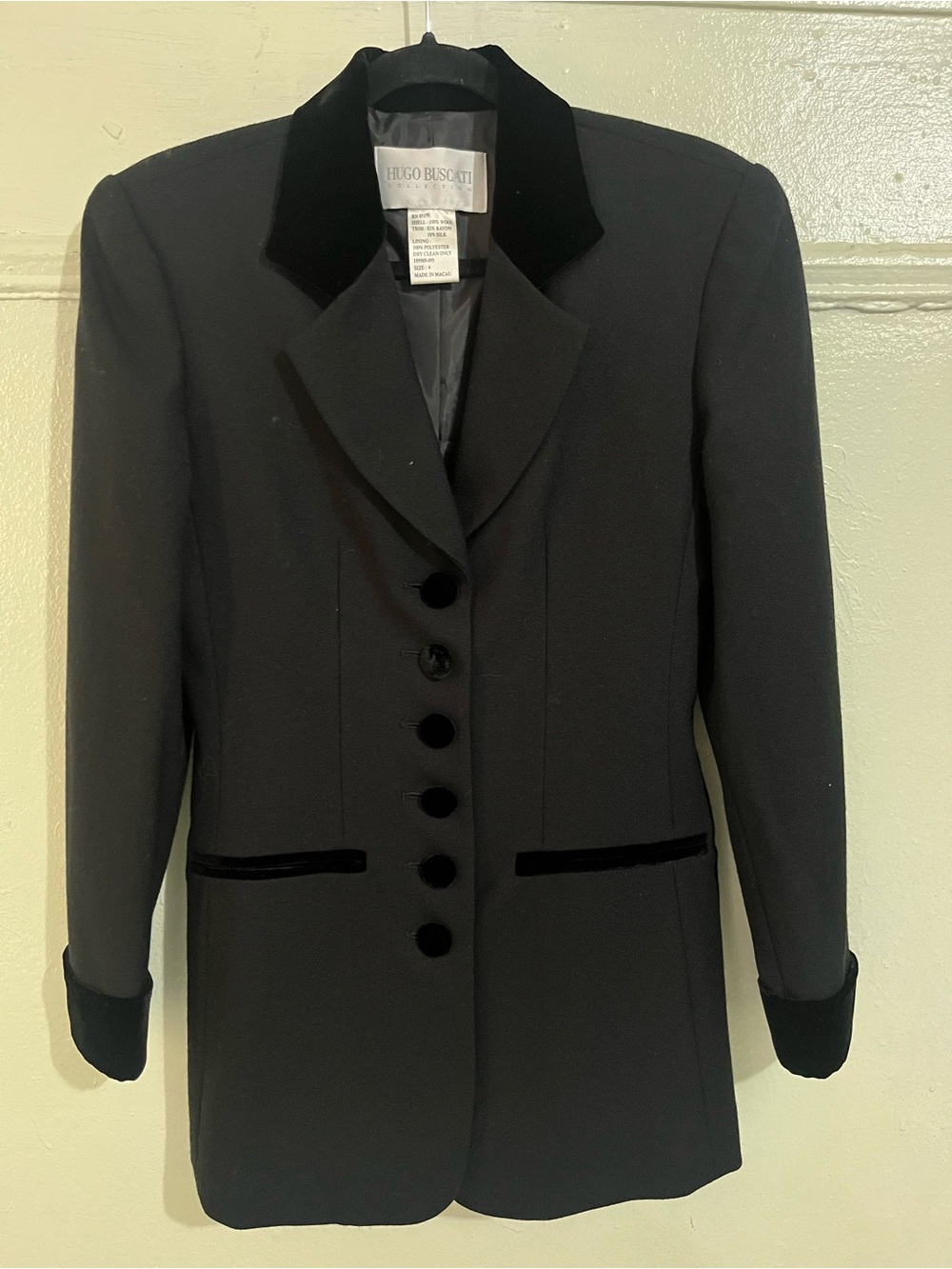 Vintage Hugo Buscati Black Wool  Tuxedo Blazer Jacket Silk Velvet Academia